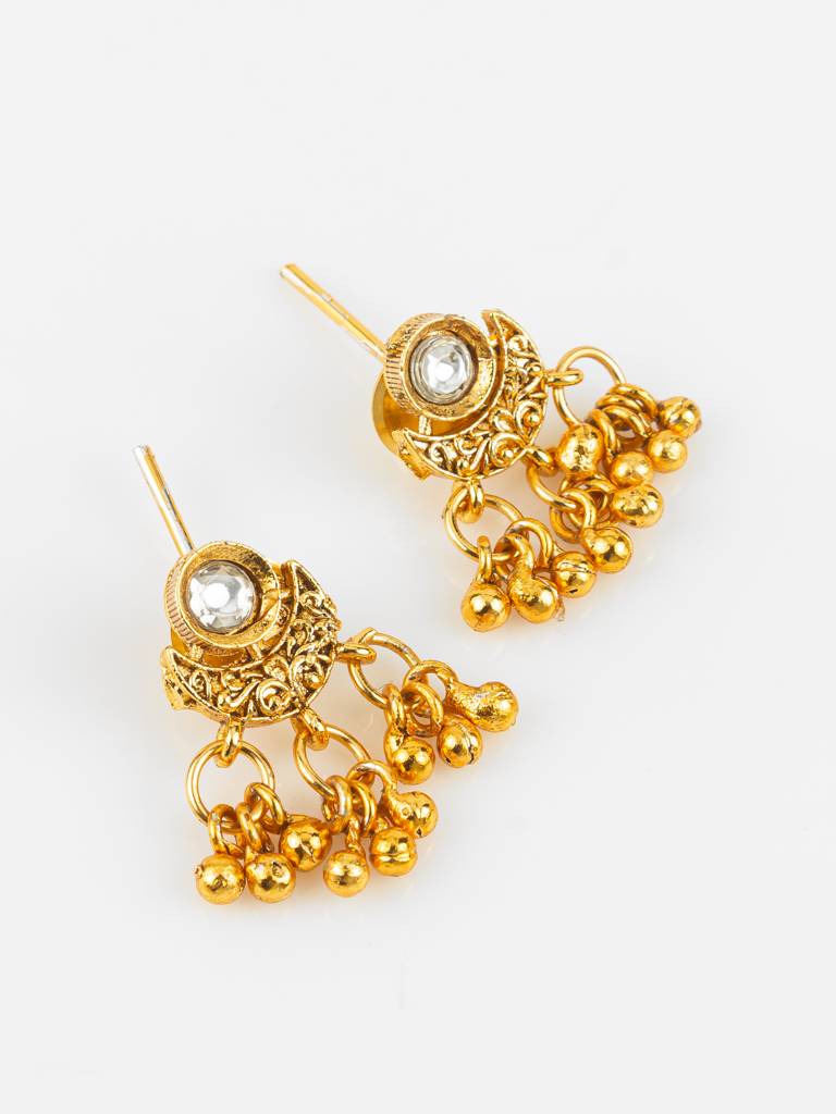 Gold-Plated Traditional Jhumka Necklace Set For Women | White Stone Ethnic Jewellery With Earrings | Bridal & Festive : NK4802