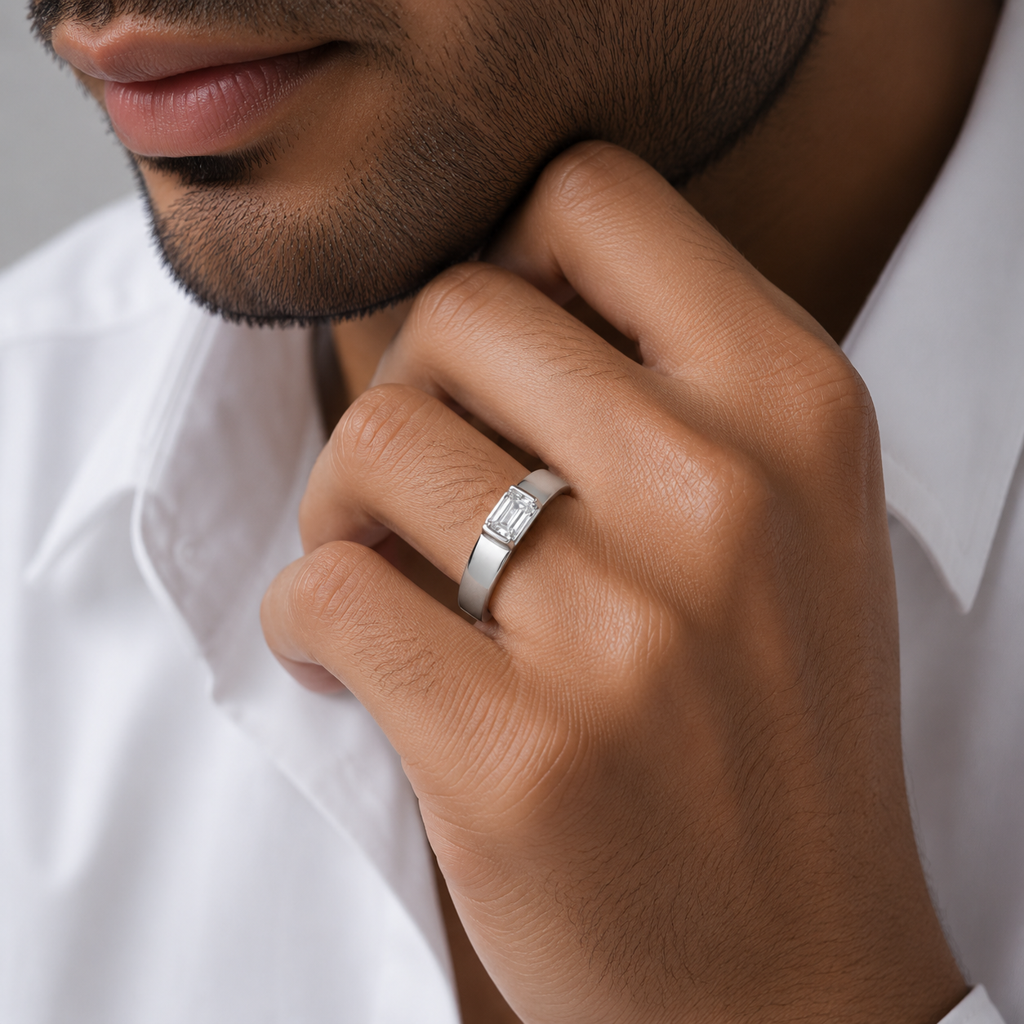 925 Sterling Silver Emerald Cut Solitaire Men'S Ring : SMK-M-RN-006