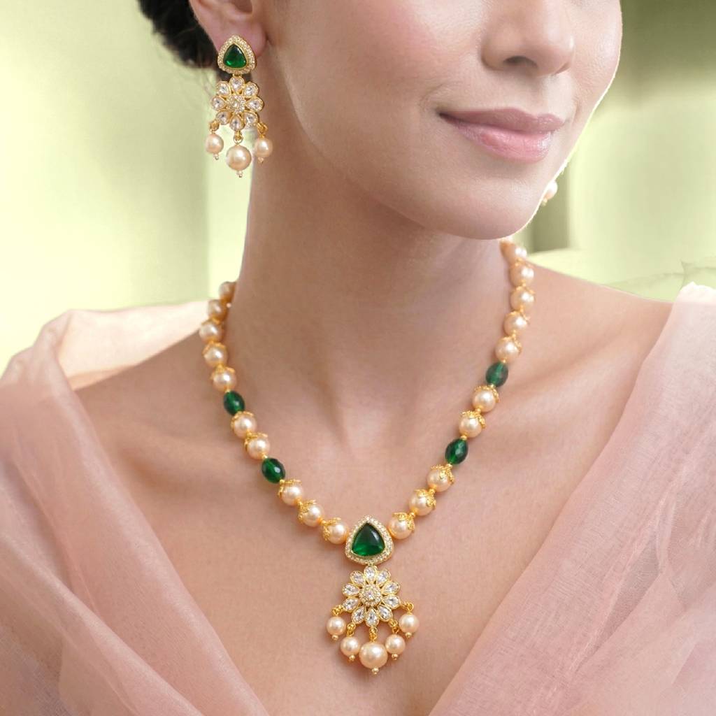 Ethnic Green Beads Necklace Earrings Set For Women & Girls Gold Plated Faux Emerald Pearl & Crystals Traditional F : PF10PS07G