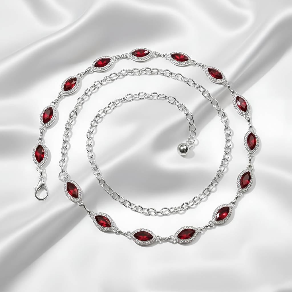 Cubic Zirconia & Red Crystals Studded Silver Plated Fancy Kamarbandh Belly Chain Waist Chain Jewellery For Women & : PX9BCH76R