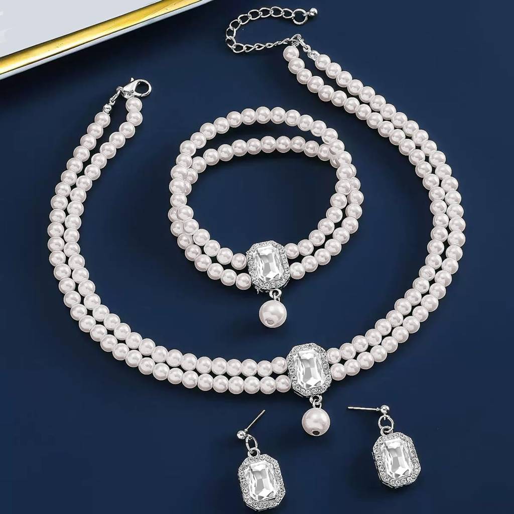 Silver Plated Pearl & Crystal Studded Necklace Earrings Bracelet Set Contemporary Jewellery For Women : PX9N249W