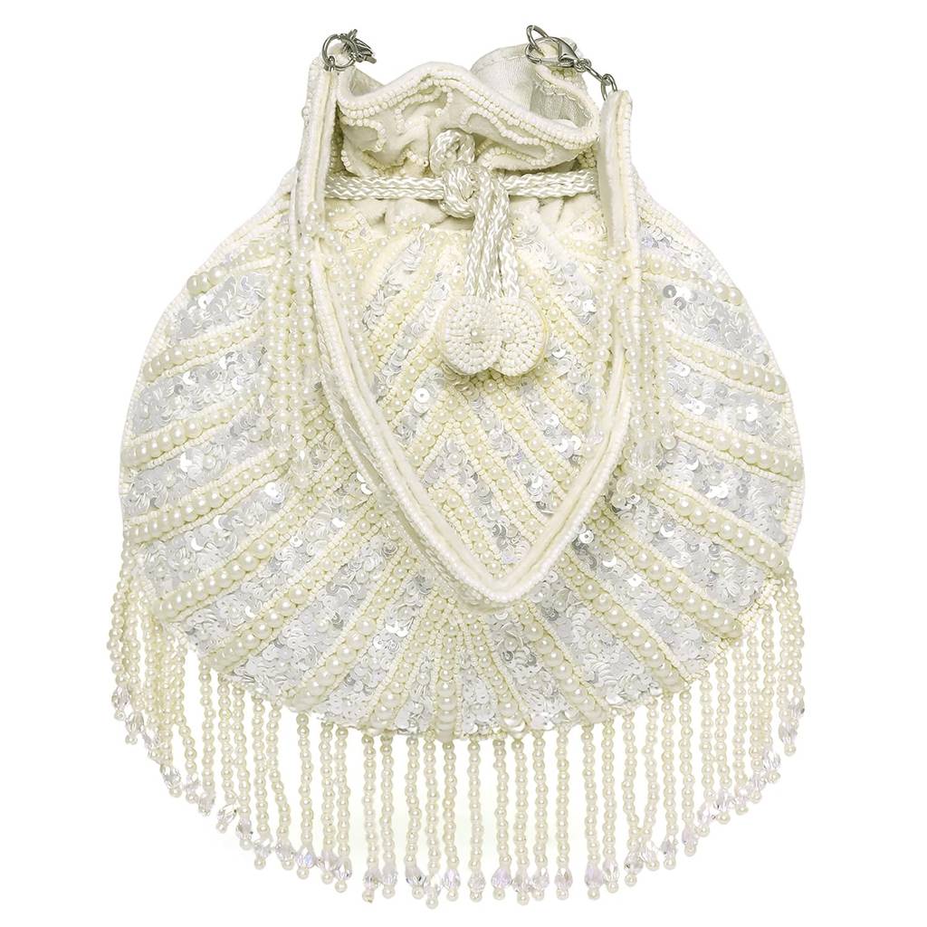 White Pearl Embellished Potli Bag For Women With Handcrafted Tassel Bag Ethnic Bride Purse With Drawstring : P196W-1-F