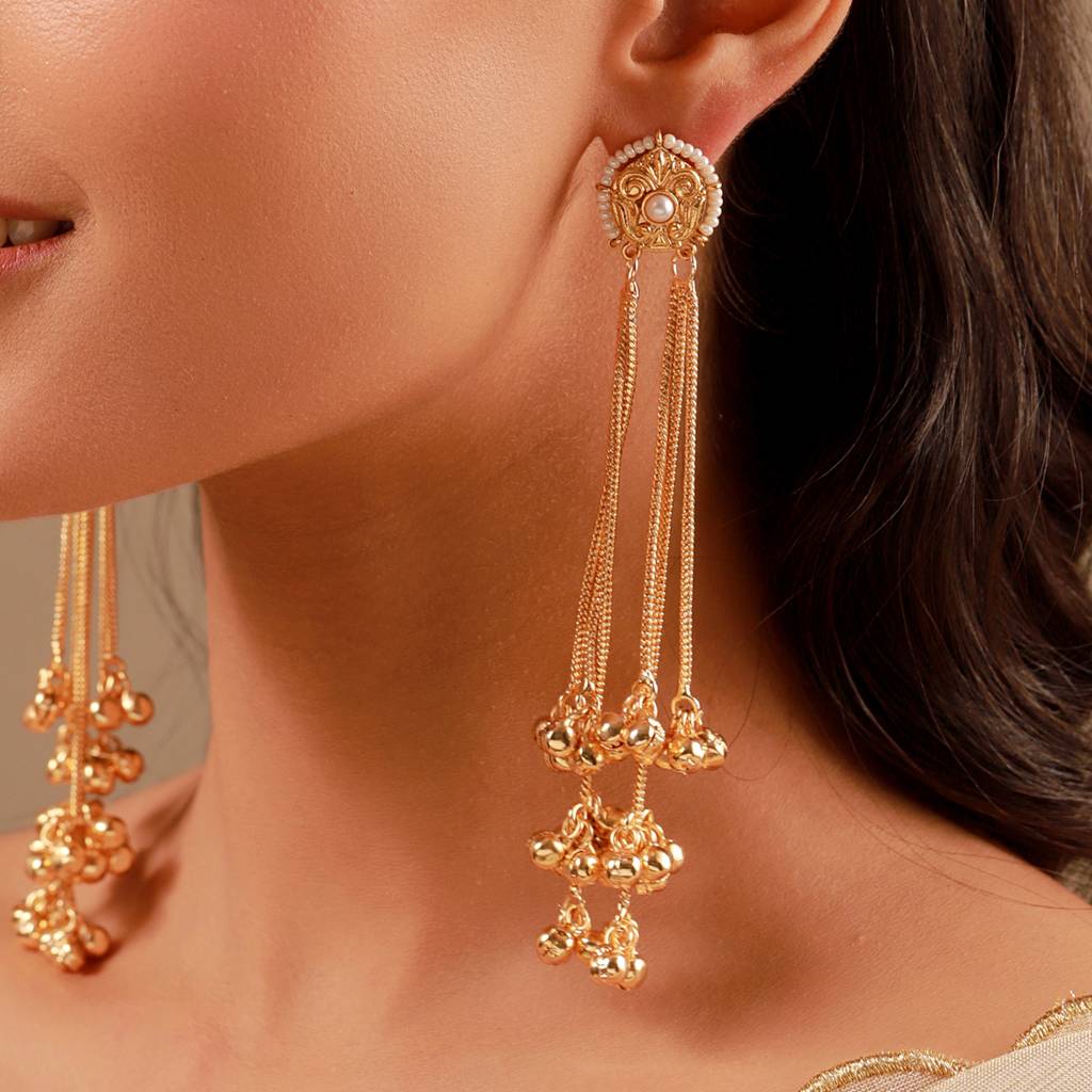 Kashmiri Pearl Beaded Gold-Toned Dangler Earrings : 8905124585025