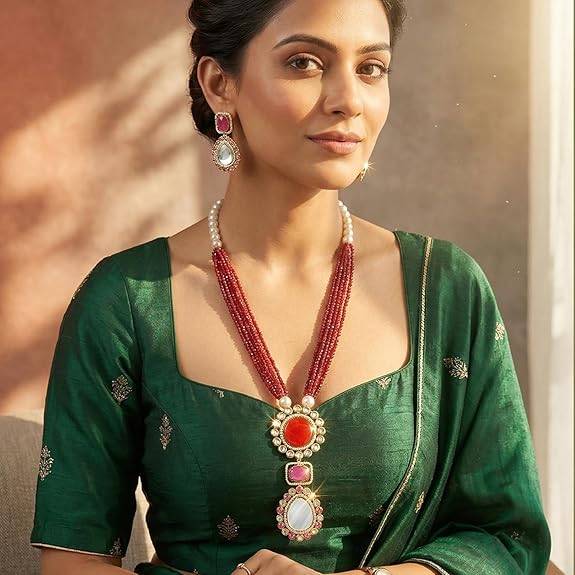 Green Pendant Style Necklace Earrings Set For Women & Girls Gold Plated Faux Emerald Mother Of Pearl & Beads Festi : PF77LS02M