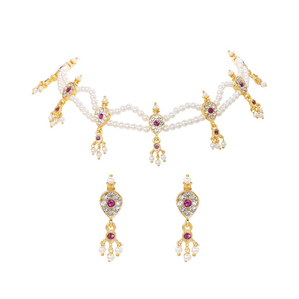 Gold Plated Rani Pink White Necklace Earrings Set Jewellery For Women | Traditional Festive & Bridal Jewellery, An : PF04N68RP