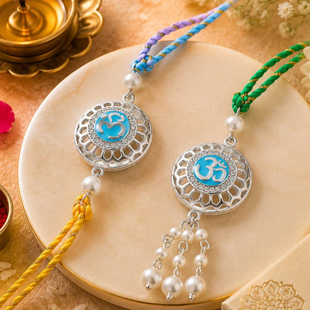 Rhodium Plated Auspicious Om Rakhi Set For Brother & Bhabhi With Silk Thread : 249-IR-RAKHI