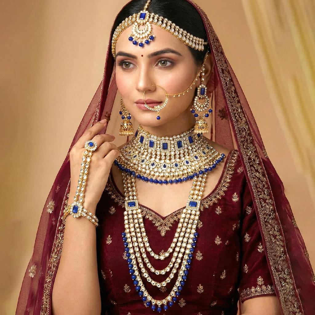 Ethnic Indian Traditional Kundan Dulhan Bridal Jewellery Set With Choker Earrings Maang Tikka Hathphool Gift 
For  : PF36BR02B