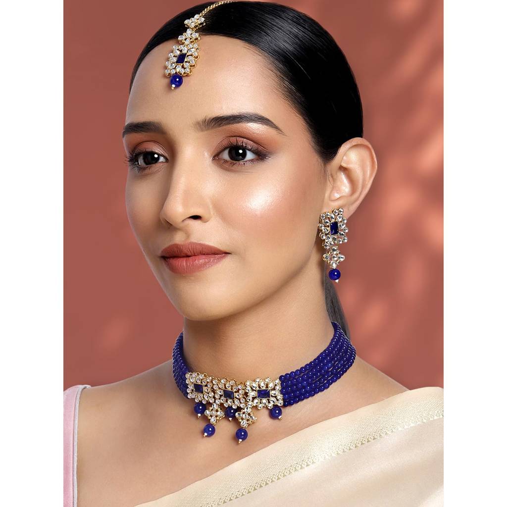 Blue Gold Plated Brass Indian Traditional Kundan Faux Pearl Choker Necklace With Earrings Jewellery Set For Women  : PF37N224B