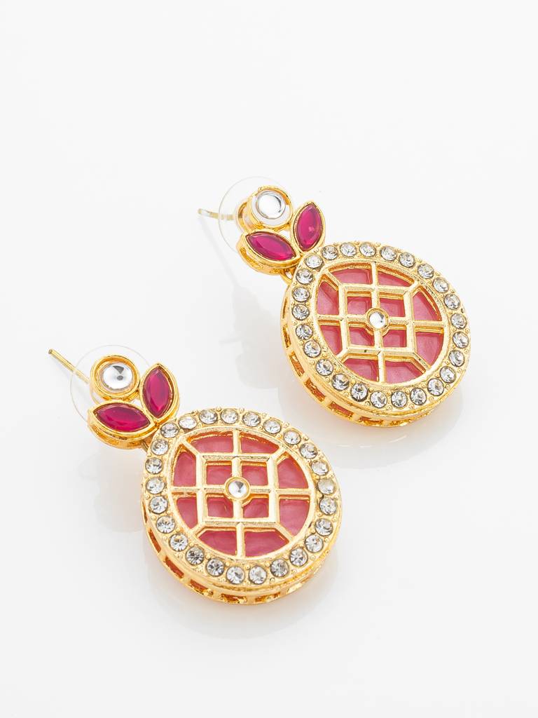 Gold-Plated Kundan Necklace Set With Ruby Red Stones And Pearl Strand : NK4916