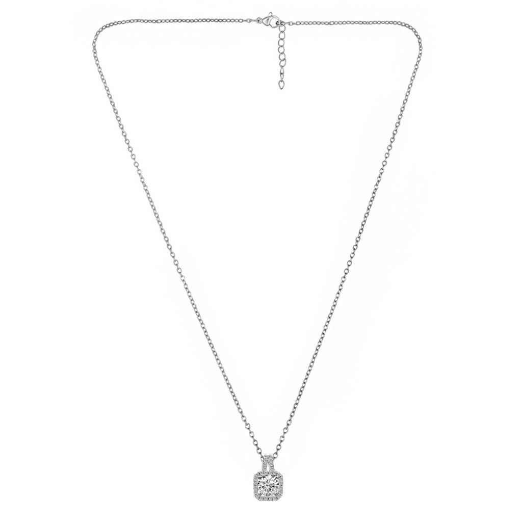 Silver Plated Cz Studded Pendant Chain Necklace Finger Ring & Stylish Stud Earrings Set Jewellery Gift For Women & G : PX9PS15