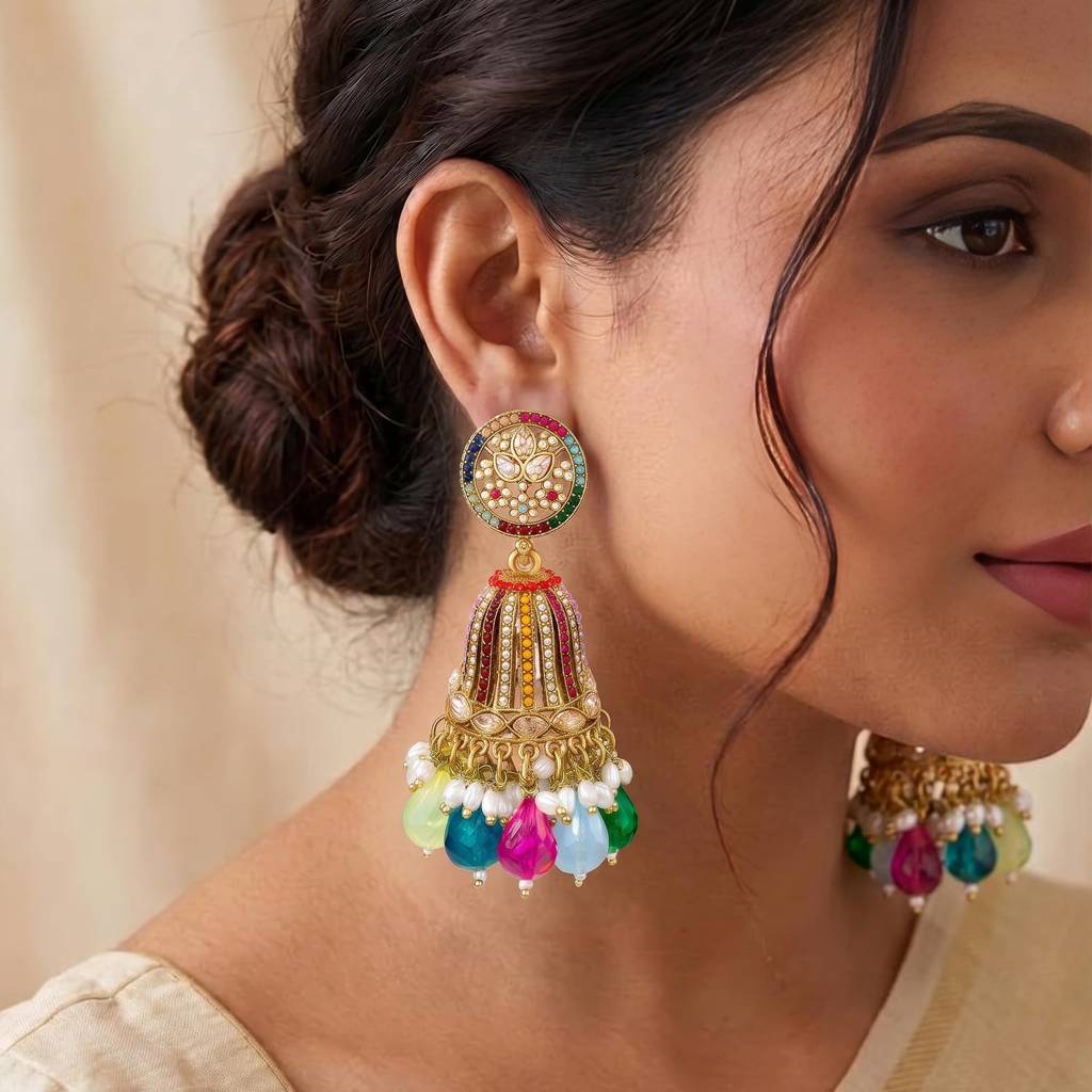 Ethnic Gold Plated Multicolor Beads Studded Jhumka Earrings For Women : PF09E002ML