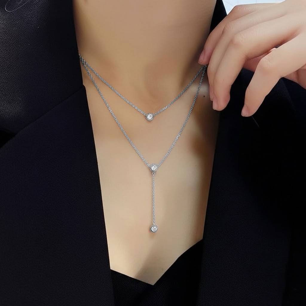 Crystal Studded Fancy Two Layer Chain Necklace Jewellery For Women & Girls : PX9N272SW