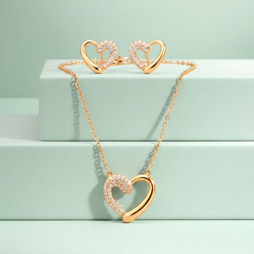 Gold Plated Cz Studded Heart Motif Pendant Chain With Stud Earring Stylish Jewellery Set For Women & Girls : PF68PS97G