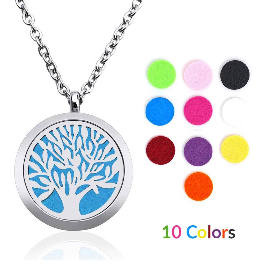 Aromatherapy Essential Oil Diffuser Necklace-Stainless Steel Tree Of Life Locket Pendant For Women Girls With 10 Refi : PFCP71