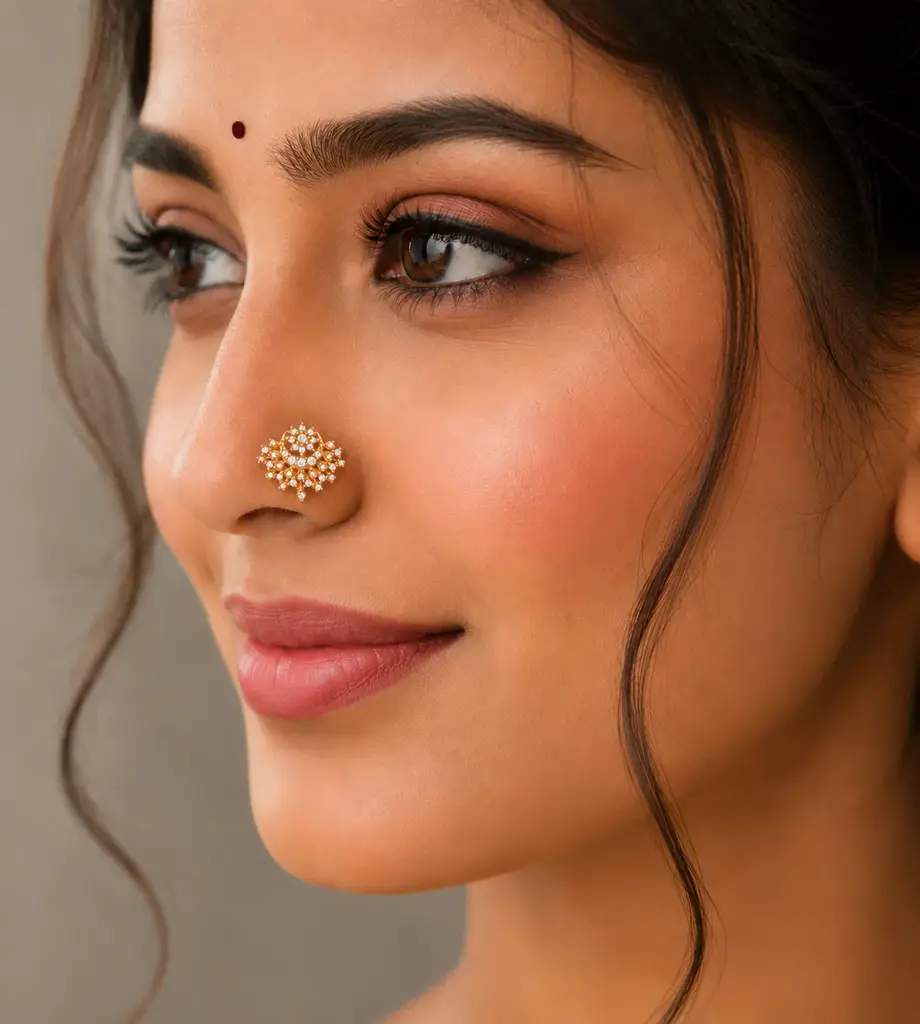 Gold Plated White Cz Traditional Nose Pin - Floral Filigree Statement Design : NP-00179_SW277_925S_YG_WCZ