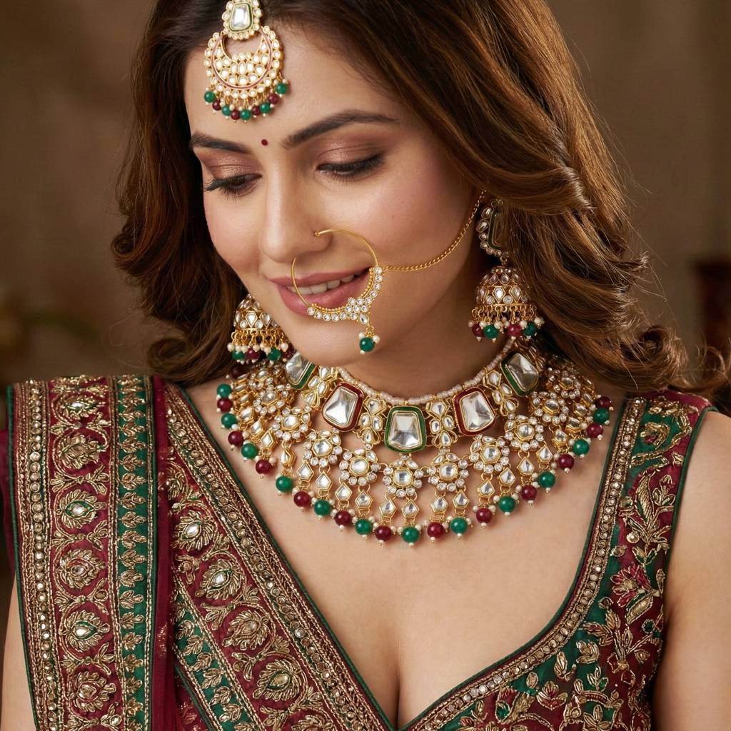 18 Kt Gold Plated Bridal & Semi-Bridal Necklace Set With Earrings, Maang Tikka & Nath : 2476-M8SK-1101-MG