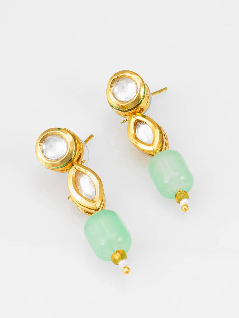 Mint Green Barrel Bead Multi-Strand Necklace Set With Kundan Pendant And Matching Earrings : NK4540