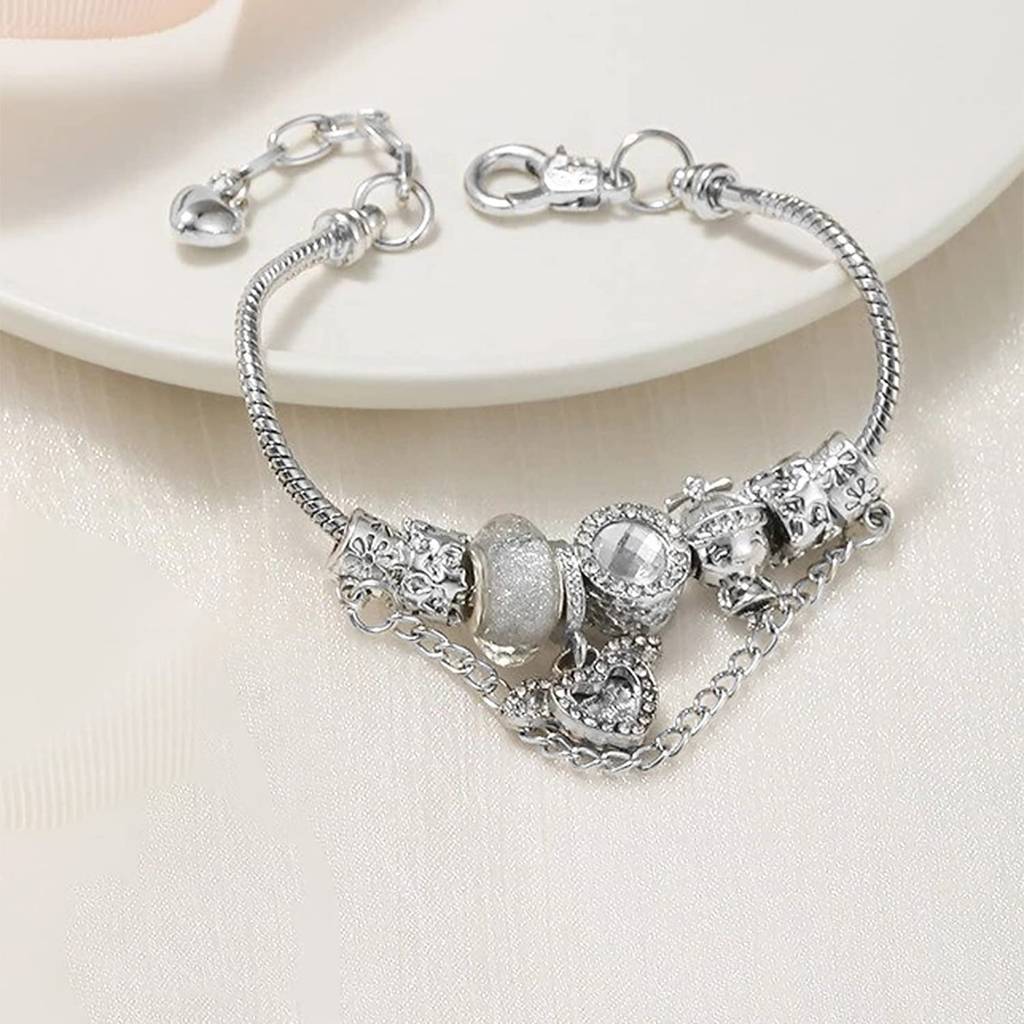 Silver Plated Cubic Zirconia Studded Openable Charm Bracelet Stylish Fashion Jewellery Gift For Girls & Women : PX3B59