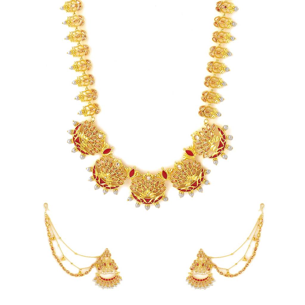 Apsara Bridal Red Enamelled With Pearl Traditional Golden Bridal Set : 8905124429763