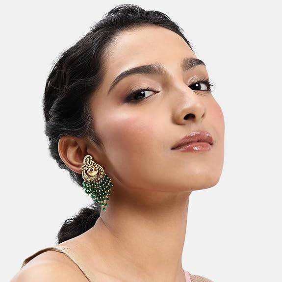 Green Ethnic Dangle Earrings For Women & Girls Gold Plated Faux Ruby & Beads Studded Festive Bridal Jewellery Bir : PF47E07GRN