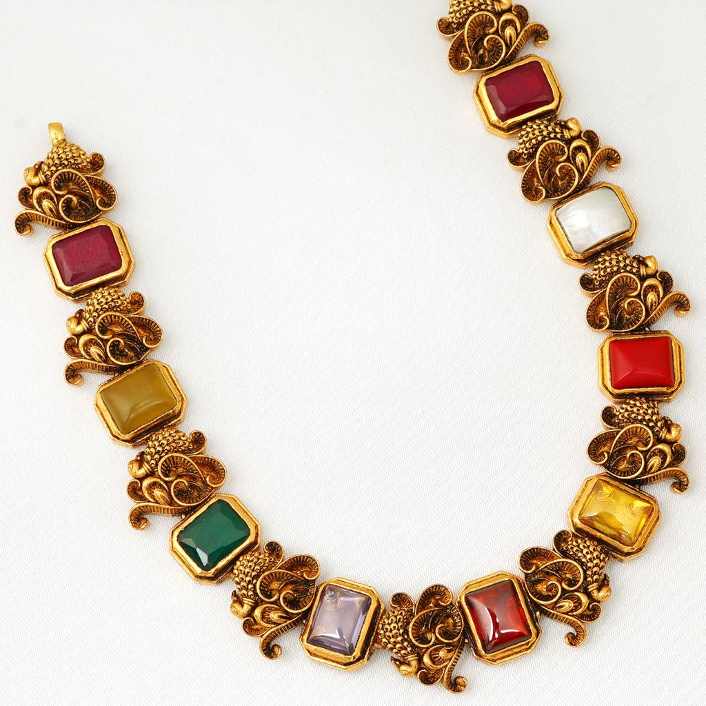 Gold Plated Navaratna Peacock Temple Short Necklace For Women : SKN26M8717
