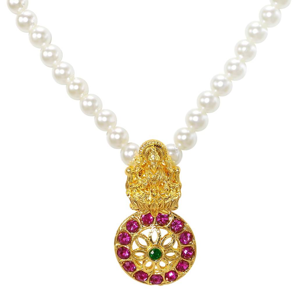 Gold Plated White Pink Green Laxmi Motif Pendant Necklace For Women | Festive & Bridal Jewellery, Anniversary Bir : PF04N40RPG