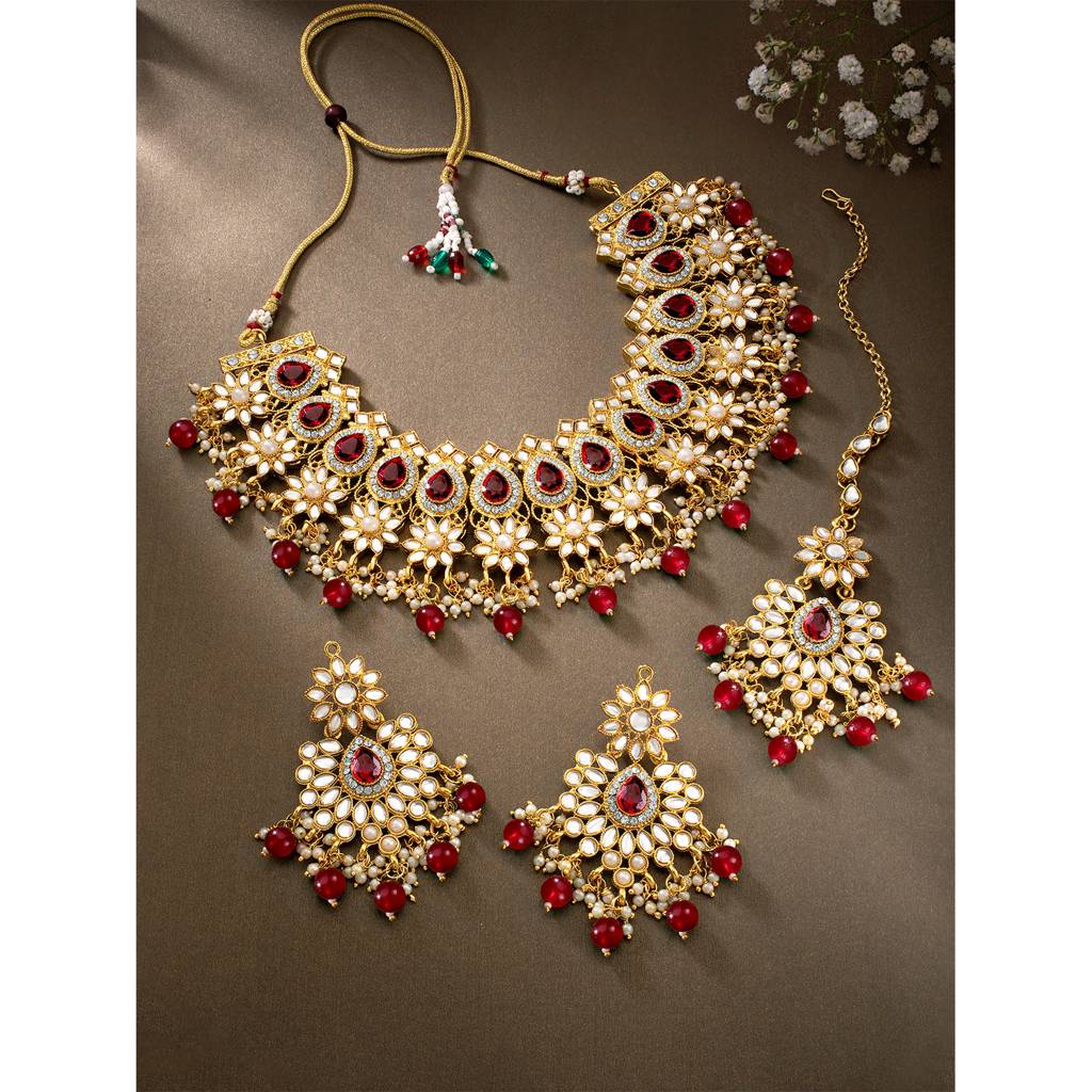 Peora Gold Plated Kundan Dangling Pearls Necklace Earring Maangtikka Jewellery Set For Women : PF28N126M