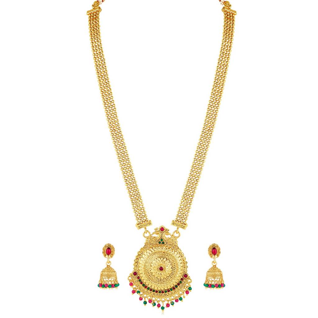 Gold Plated Rani Pink & Green Synthetic Stone Studded Long Maharani Haar Necklace & Jhumki Earrings Tradition : PF04NK10695RPG
