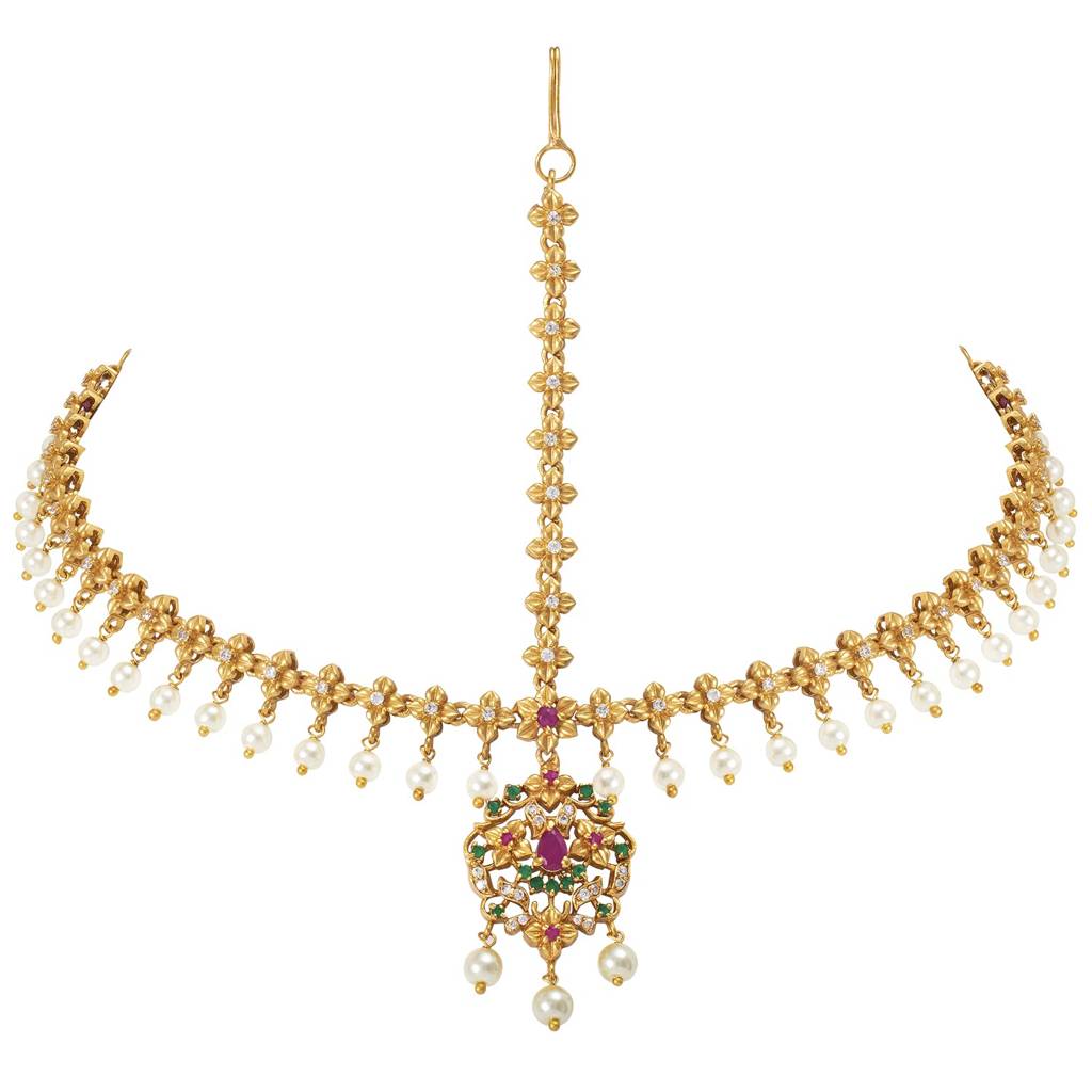 Matte Gold Finish Kundan Pearl Maang Tikka Matha Patti Traditional Jewellery For Women Girls : PF42DMZET887RG