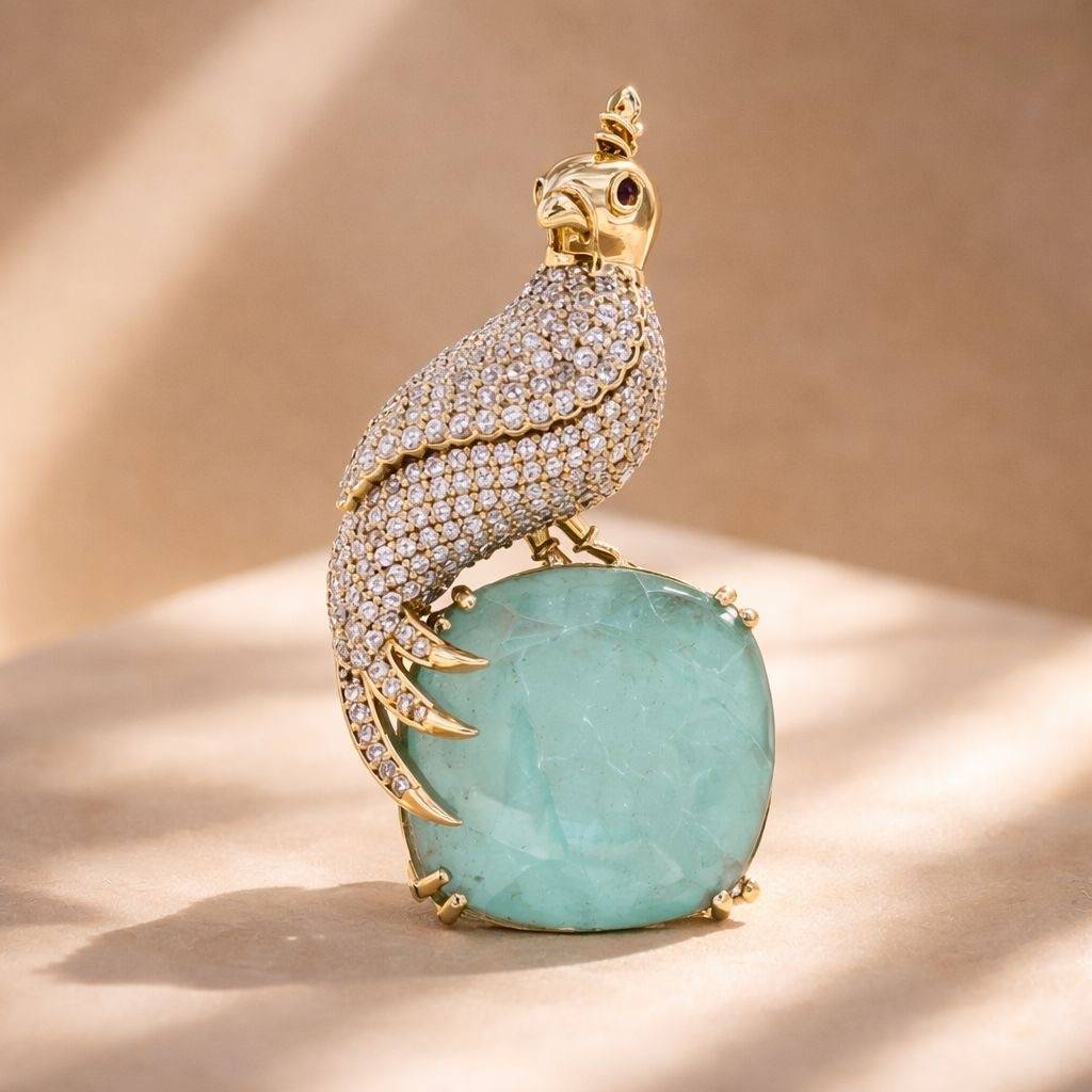 Antique Gold Finish Diamond Royal Bird Unisex Brooch : 900002