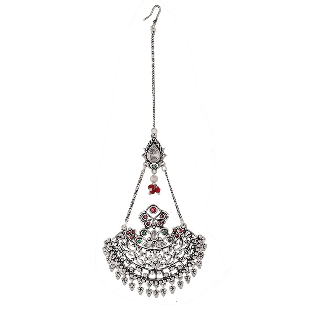 Abharan Ethnic White Pearls And White Stone Maang Tika : 8905124493252