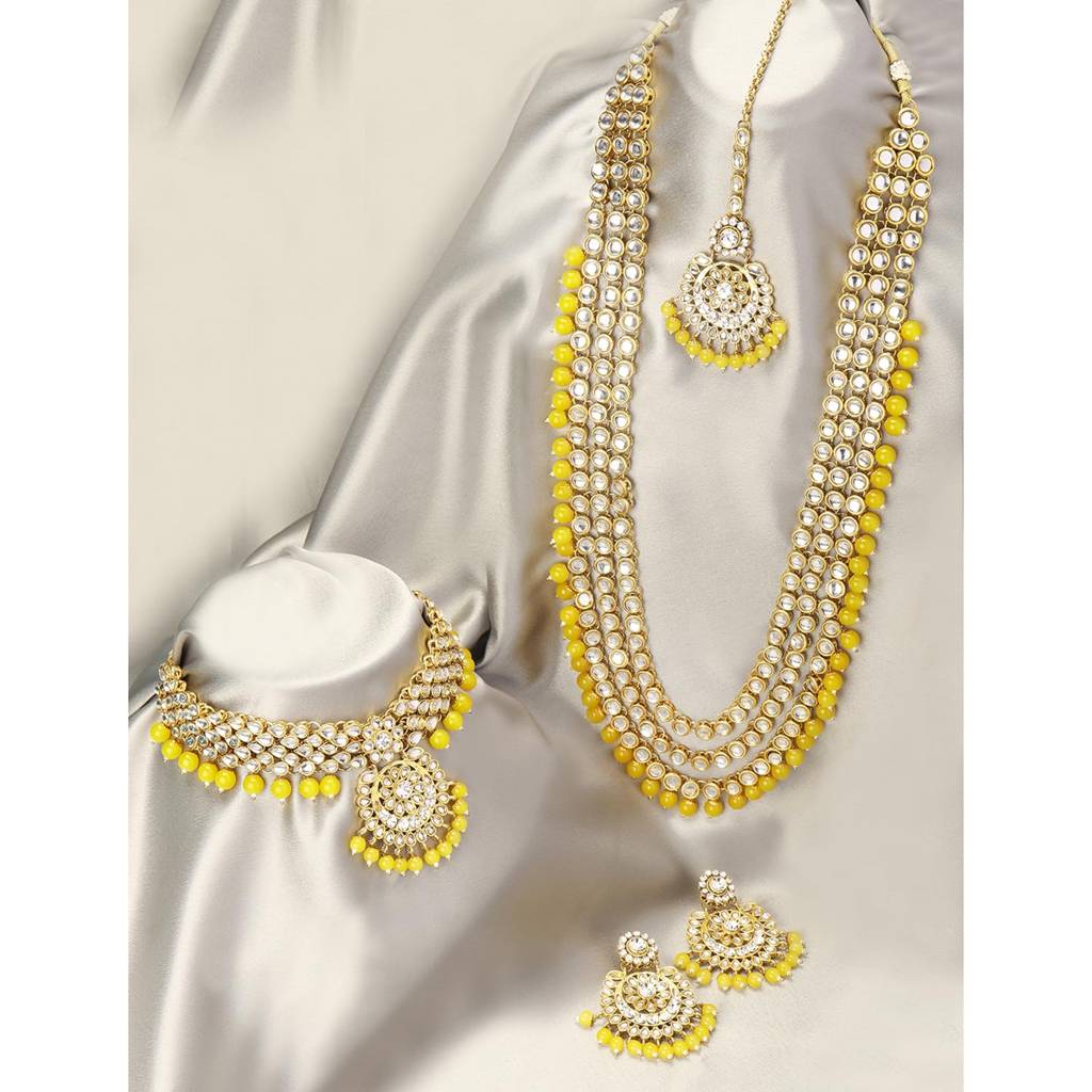 18K Gold Plated Kundan Faux Bead Bridal Necklace Jewellery Set For Women Girls : PF25BR106Y