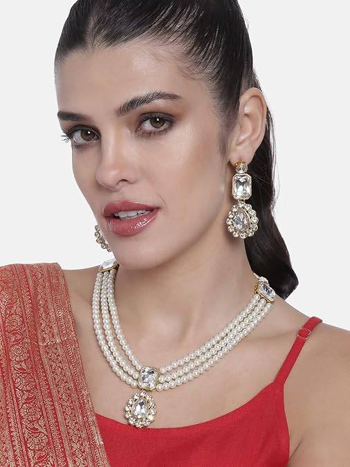 Gold Plated White Kundan Long Necklace Earring Indian Traditional Jewellery Set For Women Girl : PF24N31W