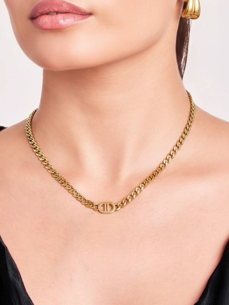 18K Gold Platedcuban Plate Necklace Stainless Steel Waterproof & Anti-Tarnish : N48SJSS0G