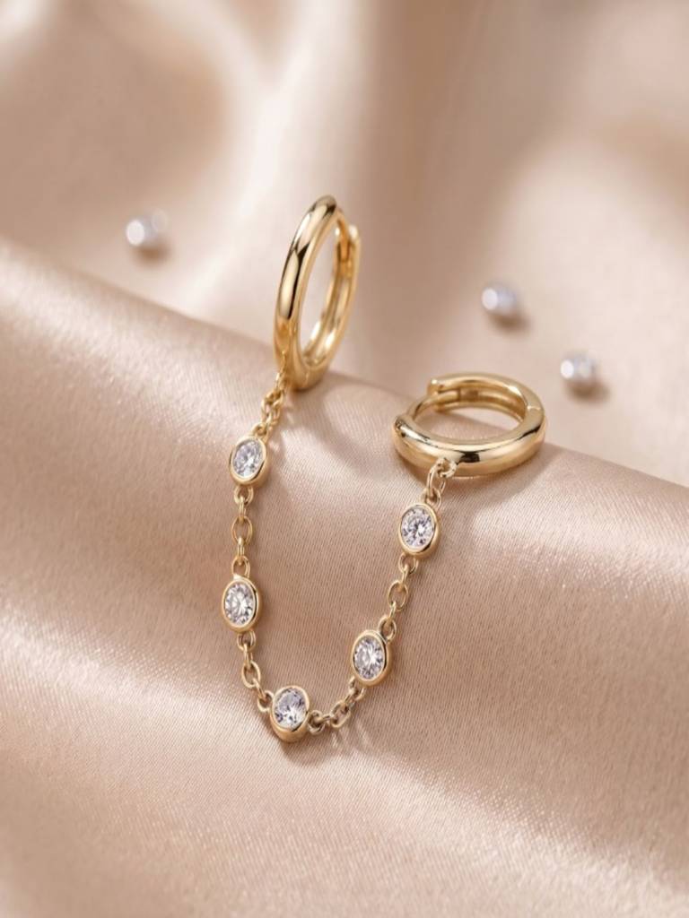 18K Plated Anti-Tarnish Dual Huggie Zircon Ear Chain Earrings For Sinlge Ear : AWU0726E174G