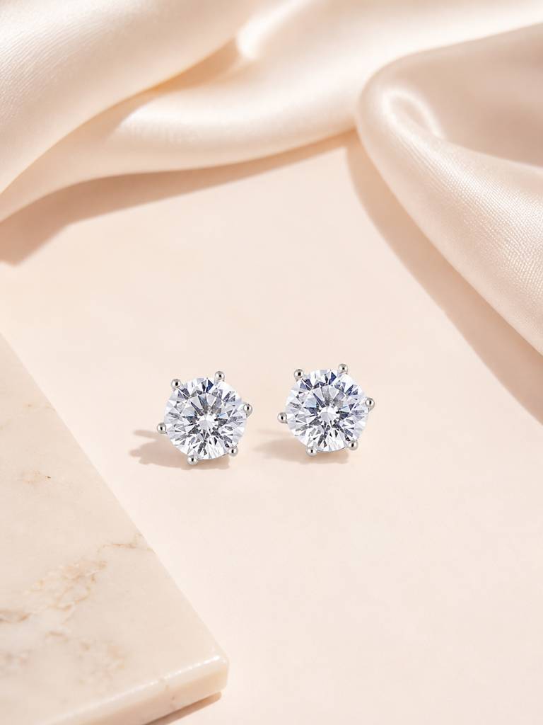 Rhodium Plated Solitaire Crystal Stud Earrings : AN-TW-SI-0153-DE
