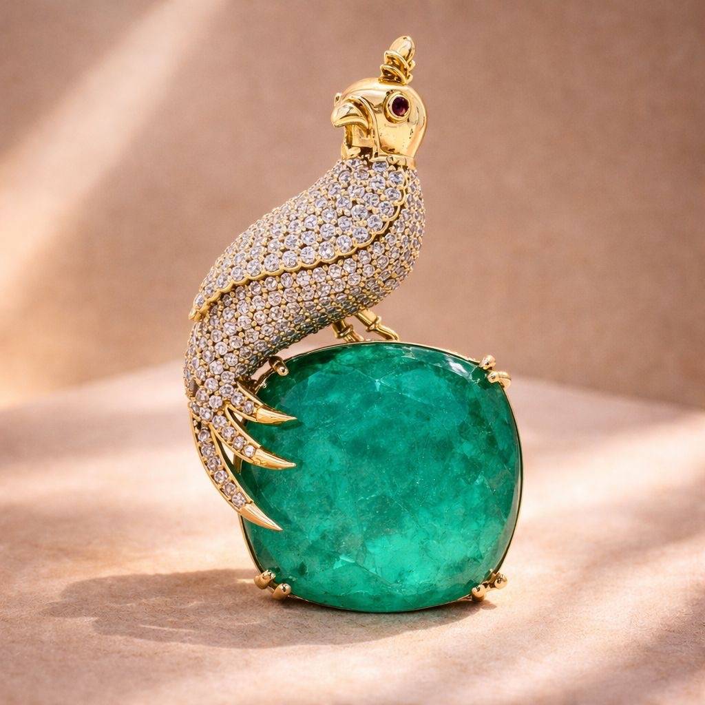 Antique Gold Finish Diamond Royal Bird Unisex Brooch : 900012