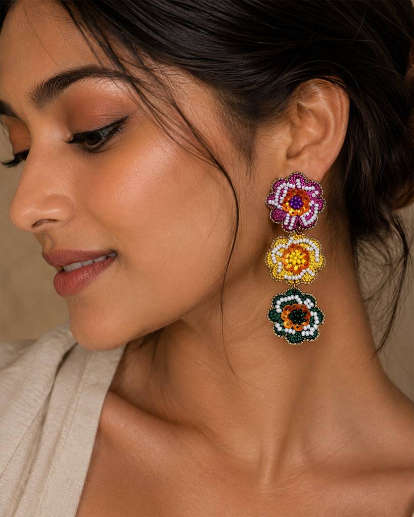 Pink, Green & Yellow Flower Dangler Handmade Earring : ERTF091