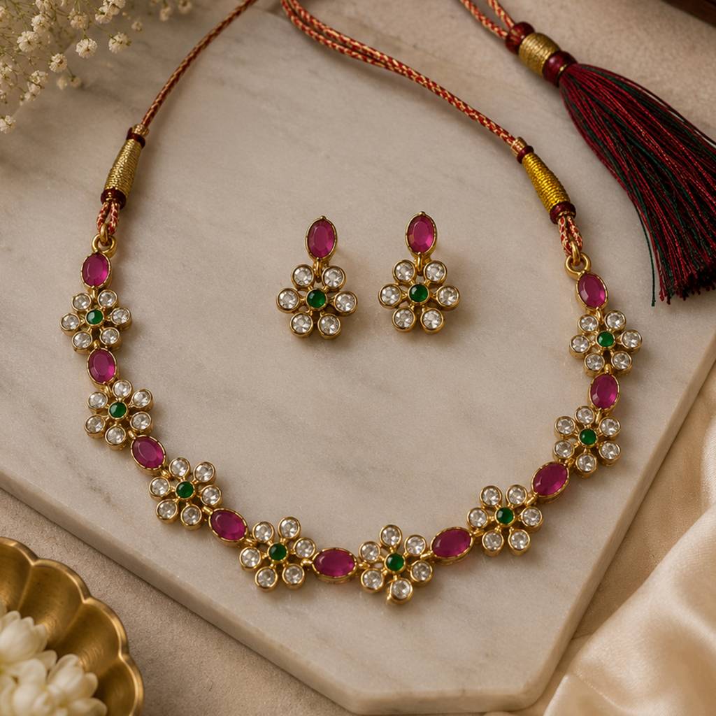 Gold Plated Floral Multicolor Necklace Set | Glam Party Wear Jewellery : OSMJ-023-IG_NKER