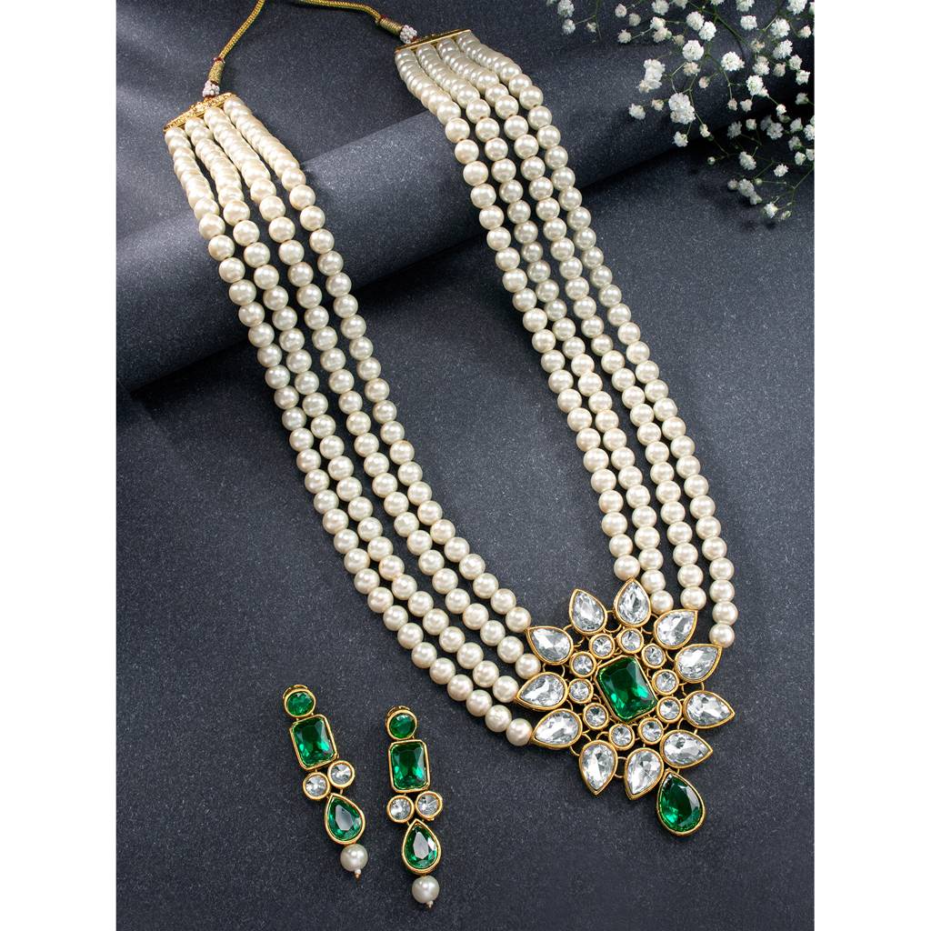 Peora Ethnic Crystal Studded Faux Pearl Long Necklace With Earrings Set Traditional Wedding Jewellery For Women &  : PF24N50WG
