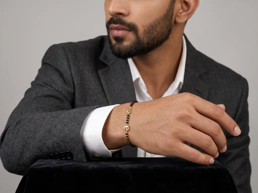 Black Bead Initial Men'S Bracelet | Personalized Letter Link Design : BR-CC-CZAI3-YE-Silver925-LabD-5.5