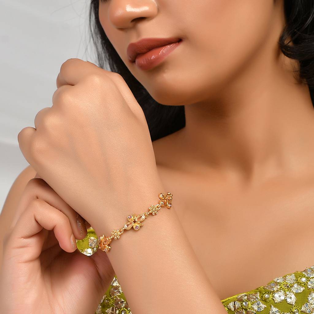 Abharan Teardrop Cut Pink Stones Gold Plated Bracelet : 8905124494099