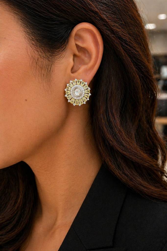 Premium Yellow Oval Diamond Solitaire Fancy Party Stud Earrings For Women : 100029