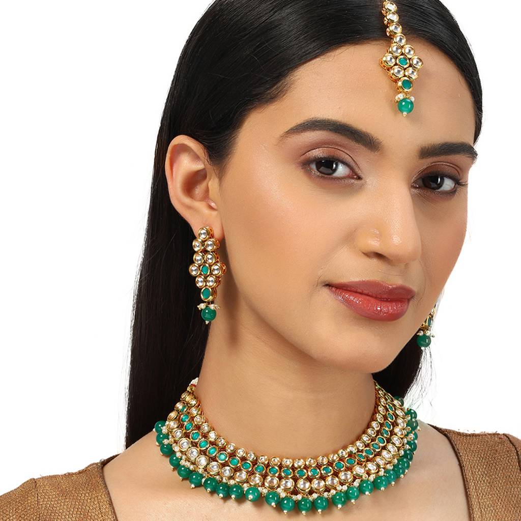 Kundan Gold Plated Green Beads Necklace Set : 8905124438017
