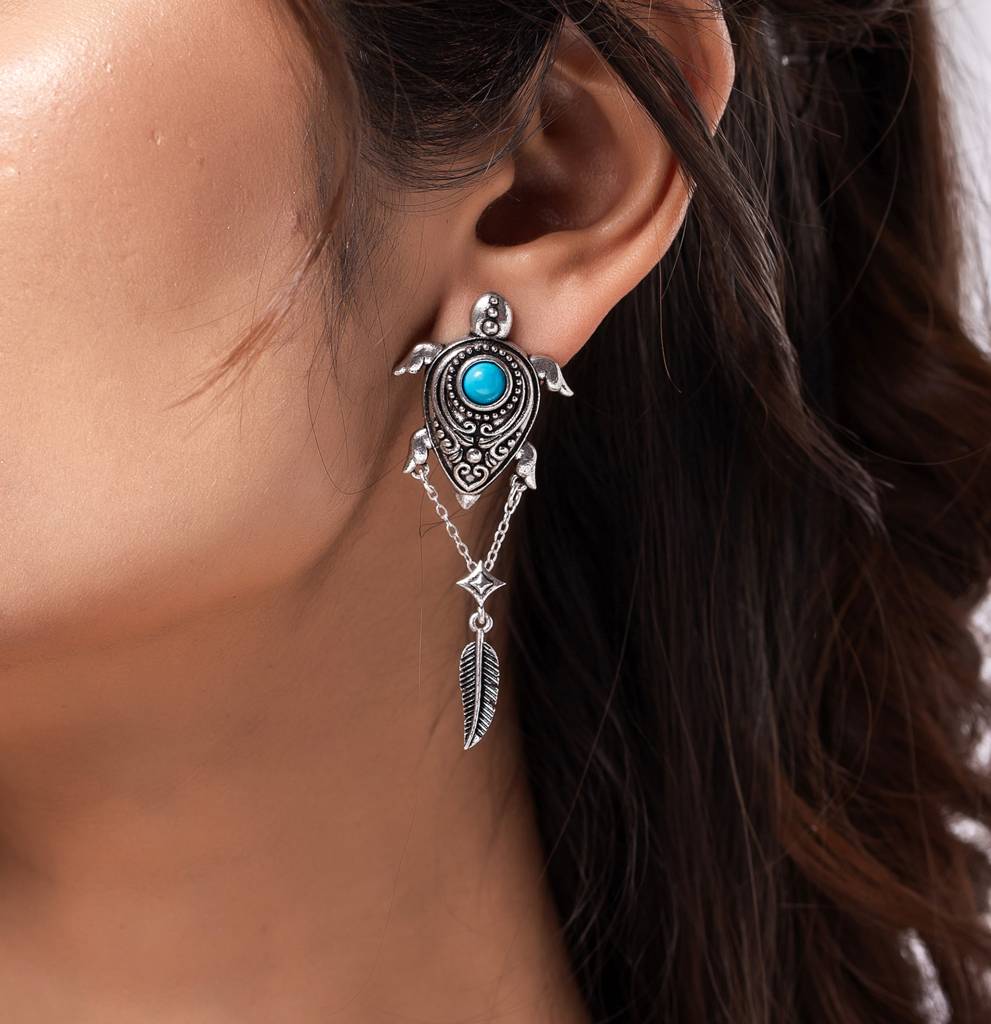 Boho Tribe Turtle Turquoise Oxidised Dangle Earrings : 8905124560077