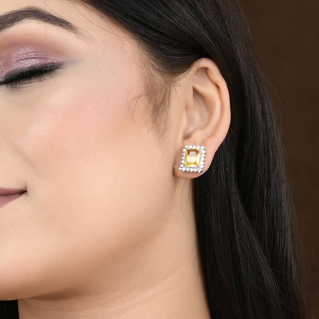 Sparkling Elegance Yellow American Diamond Studs Earrings : 8905124532883
