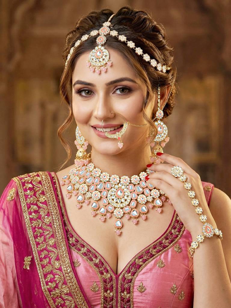 Bridal Kundan Jewellery Set With Hathphool & Nath : 2541-IZK-554-PK