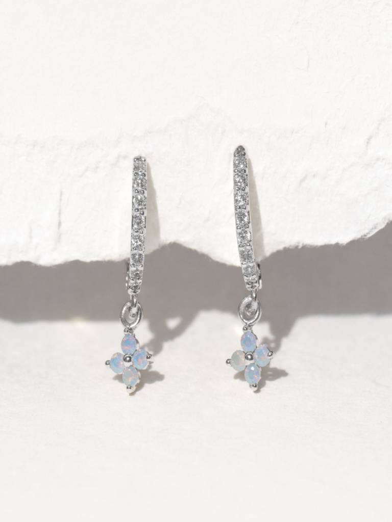 Blue Zircon Floral Hoop Drop Earrings Silver Plated Anti-Tarnish : AWU0125E028S