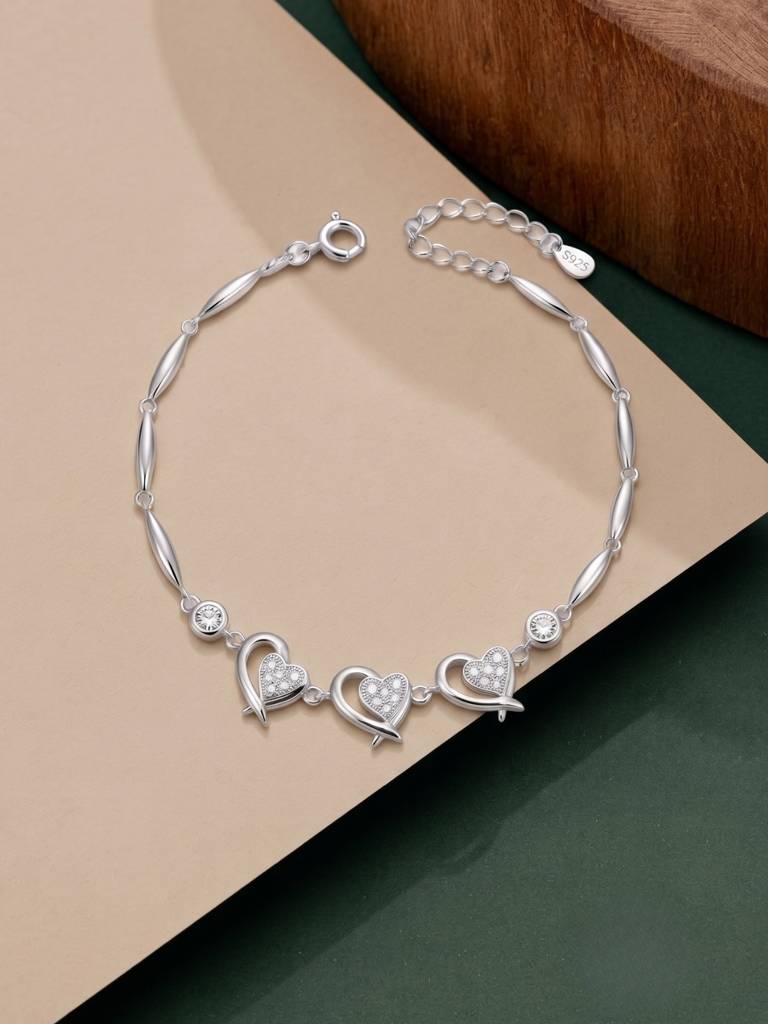 925 Silver Three Heart Ribbon Bracelet For Women : BR-62