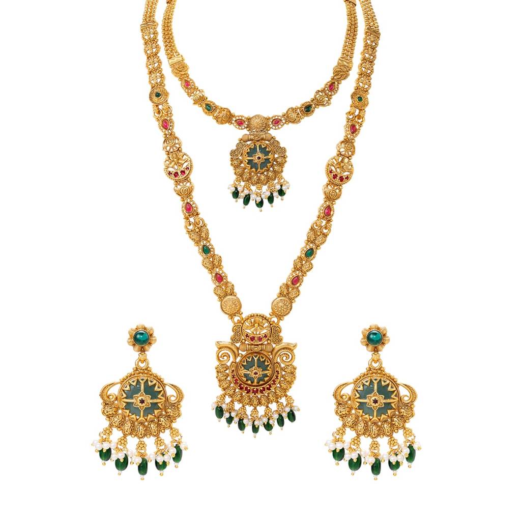 Gold Plated Traditional Necklace Bridal Jewellery Set For Women | Faux Ruby Emerald & Beads, Adjustable Drawstri : PF04BR12RPG